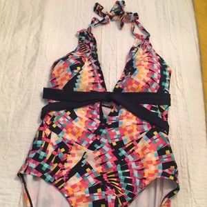 Colorful deep V one piece bathing suit